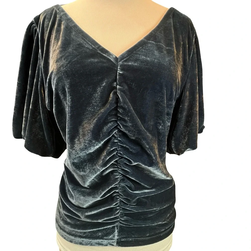 Free People Women Velvet Top Teal Ruched Flutter Sleeve Boho Romantic Large
